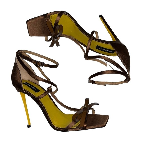 DSQUARED2 Sandal Heels Brown Satin EU 39 Bow Strap Stiletto Pumps Square Toe New - Picture 1 of 10